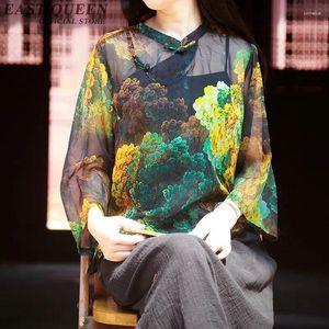 Etniska kläder 2023 Ankomst Floral Print Cheongsam Top Chinese Traditionella kvinnor Linne Vintage Dress 50s Qipao Blue KK284 Q