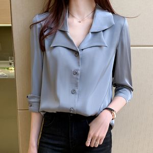 Women's Blouses Shirts Satin Fashion Women Blouse Shirt Spring Loose Long Sleeved Chiffon Shirt Lady Blue White Tops Women Clothing 230414