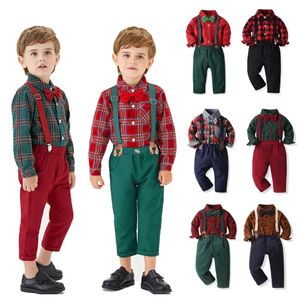 Clothing Sets Children Boy Christmas Costume Kid Outfit Birthday Baby Boy Clothes Green Red Plaid Infant Long Sleeve Shirt Pant Strap Set 231113