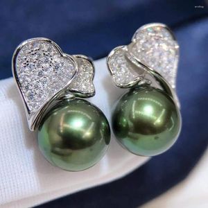 Kolczyki do stadnin D822 Pearl Fine Jewelry 925 Srebrny srebrny okrągła 9-10 mm świeżo wodna pawa Zielone czarne perły prezentuje