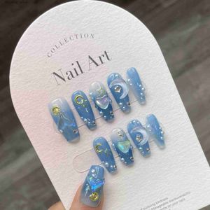 False Nails 10Pcs Handmade Press on Nails Long Ballet Blue Fake Nails with 3D Ocean Moon Rhinestone Design False Nails Full Cover Nail Tips Q231114