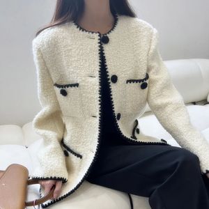 Mulheres de couro falso estilo francês outono inverno tweed tecido jaqueta feminina único breasted pequena fragrância comprimento médio outwear 231113