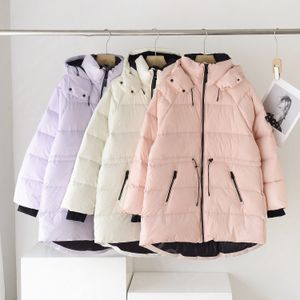 Jaqueta de inverno MACKAGES Puffer Jaqueta feminina cintura longa fina pato branco para baixo casacos altos fofos EDANA Jaqueta de comprimento médio com capuz para mulheres