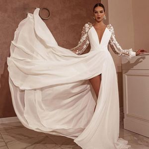 Chiffon Beach A Line Wedding Dresses Puffy Sleeve Civil Bridal Gowns V Neck 3D Flower Site Split Vestidos de Mariage