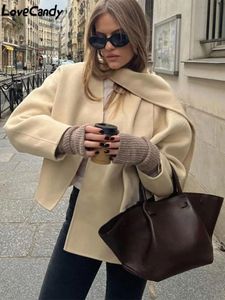 Women's Wool Blends Autumn Short Beige Coat with Scarf Women Fashion Winter Long Sleeve Loose Female Cardigan Elegant Double Sided Chic Streetwear 231114