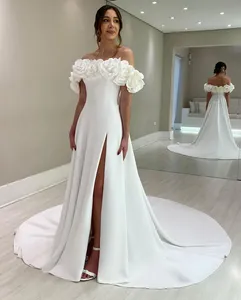 2023 Country Garden White A Line Wedding Dress Traphlly Made Flowers Satin Dronds Dresses Vestido de Novia