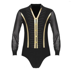 Scene Wear Mens Ballroom Samba Latin Rumba Dance Costume Sparkling Rhinestones Bodysuit V Neck Sheer Mesh Långärmad Speaking Costumes