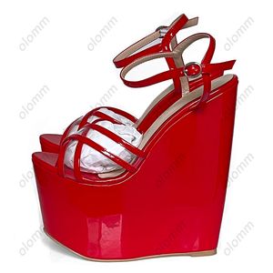 Olomm Handmade Women Platform Sandaler Patent Ultra High Wedges Heels Open Toe Pretty Red Pink Night Club Shoes Ladies Storlek 4-14