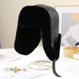 Trapper Chapéus Moda Homens Real Rex Rabbit Fur Bomber Chapéu Ushanka Cap Trapper Homem Russo Chapéus De Esqui Caps Real Sheepskin Couro Inverno Quente 231113