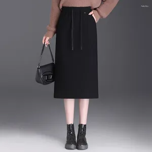 Skirts Autumn Winter Elastic High Waist Split Bodycon Black Skirt Women Elegant Chic Slim Casual Straight Long Office Lady 99632