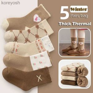 Kids Socks Little Girls Winter Thick Thermal Warm Baby Infant Cartoon Cotton Kids Snow Boot Calf Sock 5 PairsL231114