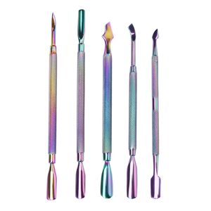 Pusher per cuticole in acciaio inossidabile a doppia estremità Dispositivo di rimozione della pelle morta per Pedicure Manicure Nail Art Cleaner Care Tool Rainbow Wax Dabber Tools Metal Dab DHL