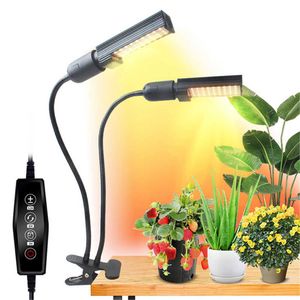 Grow Lights Siyah 2 Kafa 10W LED LED LIVES Full Spectrum Klipsli Fabrika Büyüyen Lamba 5 Dimmable Parlaklık Otomatik Kapalı Açık Zamanlama 3 6 12H P230413