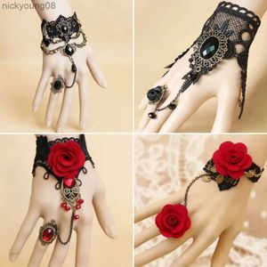 Beaded Gothic Red Rose Lace Bracelet for Women Punk Black Lace Bracelet Girls Halloween Jewelry All Saints' Day Gift Hand AccessoriesL231114