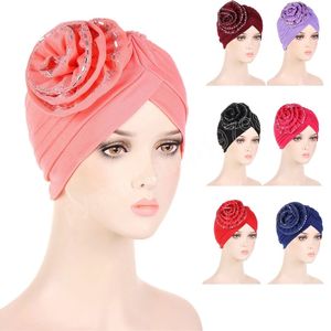 Big Flower Turban Muslimische Frauen Hijabs Diamanten Chemo Cap Indian Hair Loss Cover Bonnet Hat Kopftuch Wrap Femme Indian Caps