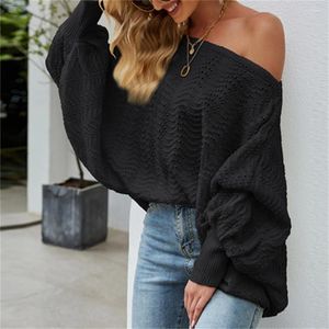 Kvinnors tröjor retro stickad tröja batwing hylsa snedstreck nacke off-shoulder pullover ihålig ut chic kvinnor jumper lös topp outfit