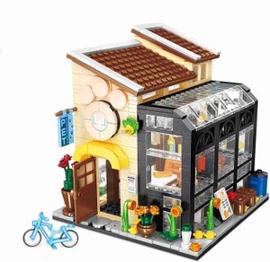 Blocos criativo buquê loja casa livraria modelo bloco de construção cidade paisagem verão tenda café menina brinquedo crianças bonito giftl231114