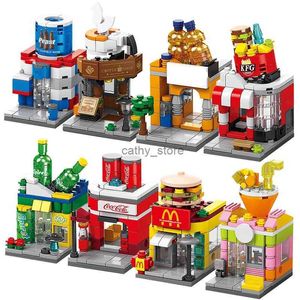 Veículo brinquedos criativo mini loja café hambúrguer loja snack bar blocos de construção cidade rua vista jogar casa montar tijolos meninas brinquedo em miniatura l231114