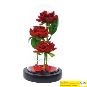 Artificial Eternal Cloth Decorative Flowers Rose LED Light Beauty The Beast In Glass Cover Home Decor For New Year Valentines Christmas