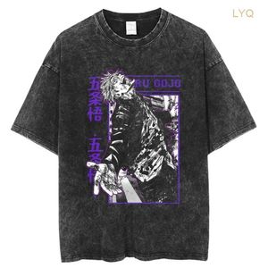 Erkek Tişörtler Anime Jujutsu Kaisen T Shirts Vintage% 100 Pamuklu Yıkalı Tişört Erkekler Gojo Satoru Hip Hop Street Giyim Harajuku T Shirt