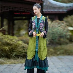 Ethnic Clothing 2023 Chinese Vintage Satin Jacquard Lace Patchwork Jacket National Flower Embroidery Sleeveless Coat Oriental A-line Folk