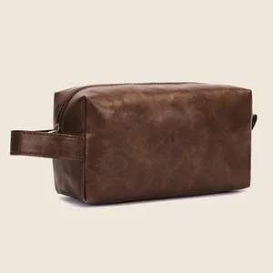 Cosmetic Bags ISKYBOB Men Vintage Bag PU Leather Toiletry Storage Travel Organizer Casual Handbag Women Makeup 2024 Gift