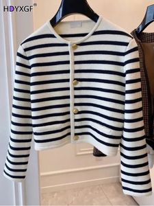 Womens Knits Tees 2 Colors Striped Knitted Sweater Black Cardigan Women Korean Fashion Long Sleeve Top Casual Cardigans Clothes Crop 231113