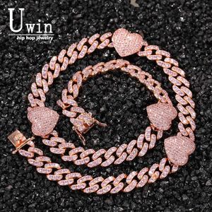 Colares pendentes uwin 9mm Cuban link com coração rosa gargantilha cz punk miami link bling hip hop jóias para presente t230413