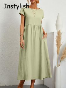 Casual Dresse Elegant Solid Maxi Summer Short Sleeve O Neck Vintage Harajuku Cotton Line Loose Sundress Y2K Pockets Long 230414