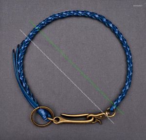 Keychains 20" Blue Veg Full Grain Leather Handmade Strong Braided Trucker Keyring Jeans Wallet Chain Key Holder With Brass U HOOK