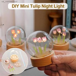 Bordslampor Tulpan Flower Night Light With Glass Cover Handmade Diy Bedside Light Led Night Lamp Table Desk Lamp Bedroom Decor USB Mood Light R231114