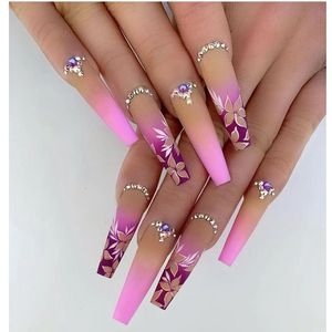 False Nails 1Kit Gradient Ramp Purple Tips Long Square Ballerina Luxury Decoration With S Home DIY Press On Coffin 230413
