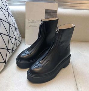 The row smooth Daily Leather Ankle Chelsea Boots platform zipper slip-on round Toe block heels Flat Wedges booties chunky boot for women factory f MG56 anti-slip