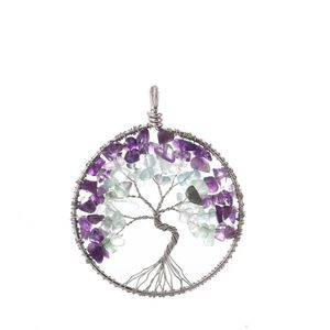 Fashionable Tree of Life Natural Amethyst Chip Stone Pendant Jewelry Copper Round Pendant for Jewelry Making