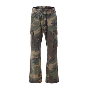 Calças de brim masculinas harajuku macacão camuflagem casual trompete calças soltas multi bolso streetwear denim hip hop flare calças 231113