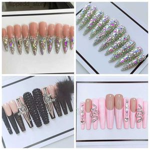 False Nails Handmade Extra Long Coffin False Nail Tips Acrylic Press On Nails Y2K Glittery Rhinestone Reusable 3XL Fake Nail With Glue Gift Q231114