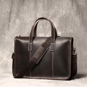 Briefcases Vintage Genuine Leather Handbag For Men's Business Briefcase Single Shoulder Crossbody Bags 13 Inch Laptop