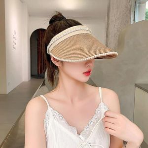 Wide Brim Hats Sunscreen Elegant Breathable Women Sun Shading Hair Hoop Outdoor Beach Hat Empty Top Straw Summer Cap Visor