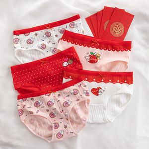 Kvinnors trosor 5st/set Cotton Underwear Cute Cartoon Animal Red Bear Women's Panties Print Intimates Girls Female Panty Sexig underkläder 230414