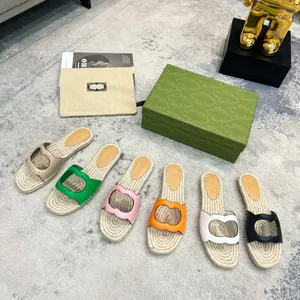 Interlocking G Cutout Läder Espadrilles skor Slides tofflor sommar Slip on JUTE Platform sandaler handgjorda sko för kvinnor casual luxe lägenheter fabriksskor