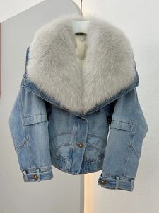 Kvinnors päls faux vinter trendiga kvinnor kort denim down jacka 90% vit gåsfri naturlig räv krage kappa förtjockning varm 231113