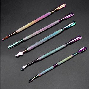 Pusher per cuticole in acciaio inossidabile a doppia estremità Rimozione della spinta della pelle morta per Pedicure Manicure Nail Art Cleaner Care Tool Rainbow Wax Dabber Tools Metal Dab Stick