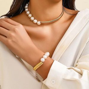 Choker PuRui Trendy Gold Color Stripe Collar With Imitation Pearl Beads Splicing Necklaces For Women Short Vintage Jewelry Party
