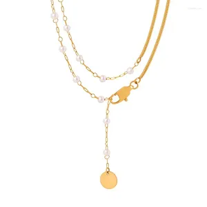 Pendant Necklaces Minar Trendy Imitation Pearl Asymmetry Chain Round Coin Tassel For Women 18K Gold Plated Titanium Steel Choker