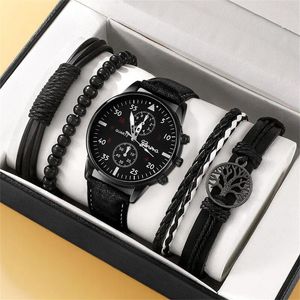 腕時計5PCSセットファッションメンズスポーツウォッチマンビジネスクォーツ腕時計高級レザーブレスレットメンカジュアル時計時計
