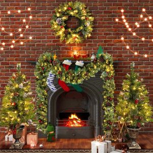 クリスマスデコレーションプレリットツリー人工4ピースセットガーランドリースと23フィートの入り口の木クリスマス付きLEDライト231113
