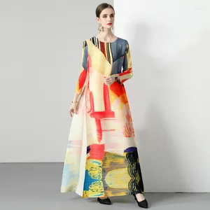 Vestidos casuais miyake oversize vestido plissado em torno do pescoço geometria impressão manga completa longa para mulheres 2023 roupas de outono 18962