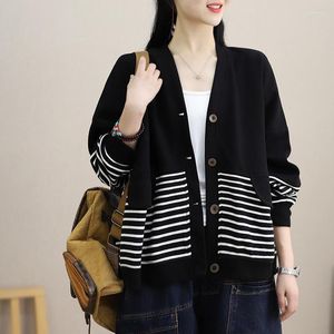 Women's Jackets FairyNatural Women Fashion 2023 Spring V-Neck Striped Outerwear Loose Style Woman Casual Retro Elegant Coat Cardigans