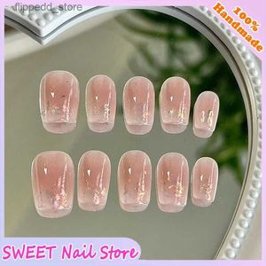 False Nails Pink Short Squre Fake Nails Tips Handmade Press on Nails Stickers for Nail Ballet Gold Leaf Designs Charms Artificial Nails Q231114
