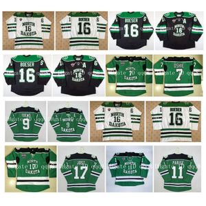 SJノースダコタファイティングスージャージー11ザックパリス9ジョナサントゥー16ブロックボーザー7 T.J. Oshie 17 Tyson Jost Green White Hockey Jersey